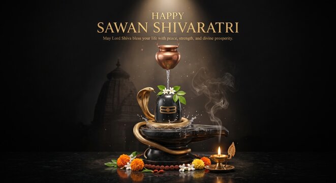 Happy sawan shivaratri greeting with a black stone shiva lingam, copper pot, coiled cobra snake, marigold flowers, and a lit oil lamp on a dark background