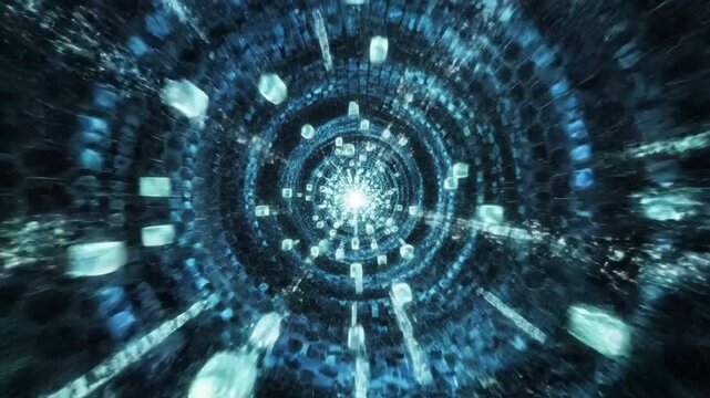 Digital tunnel constructed from glowing blue binary code and data streams conveys the sensation of traveling through a high speed information network.