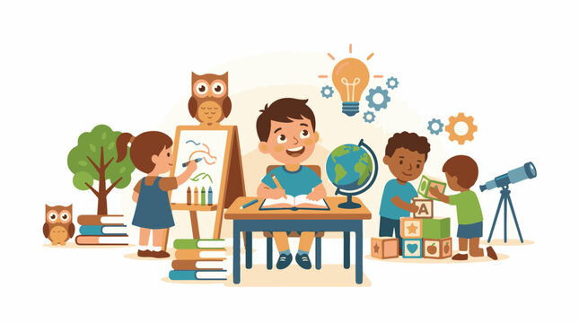 Children learning and exploring with art books and science tools