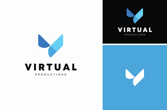 Initial Letter V with Folded Ribbon Sticker for Video Virtual Visual Modern logo design