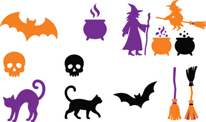 Fototapeta premium Set of halloween icons featuring witches bats skulls cats and cauldrons halloween cauldron