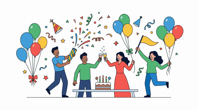 Cheerful people celebrate with balloons cake and party poppers