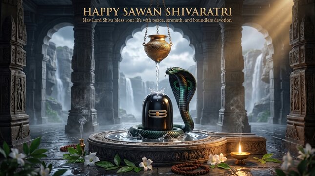Lord shiva lingam with a cobra, a hanging brass pot dripping water, and incense smoke inside an ancient stone temple with waterfalls in the background, for sawan shivaratri