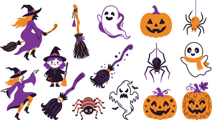 Obraz premium Halloween illustration set with witches ghosts spiders and jack o lantern pumpkins, halloween