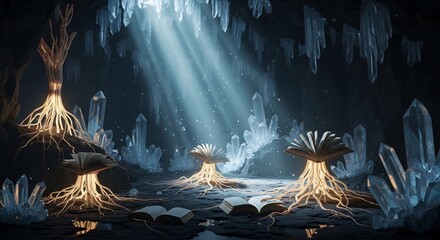 Obraz premium Enchanting Crystal Cave with Luminous Roots and Mystical Light Beams.