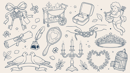 Vintage romantic illustration with ornate keys cherub doves tiara and floral heart wreath in elegant line art style © Abdul Waheed Studio
