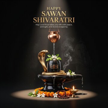 Sawan shivaratri greeting card featuring a black stone shiva lingam, a golden cobra, a copper water pot dripping holy water, marigold flower garlands, and a lit diya lamp on a dark background