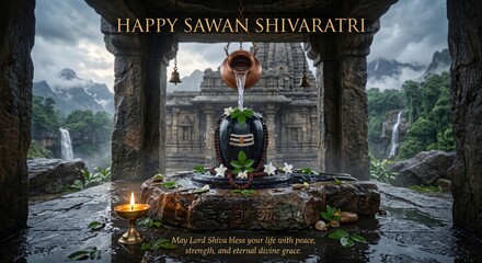 Obraz premium Shivling abhishekam with water pouring from copper pot in stone temple, surrounded by mountains, waterfalls, and a lit oil lamp for sawan shivratri celebration