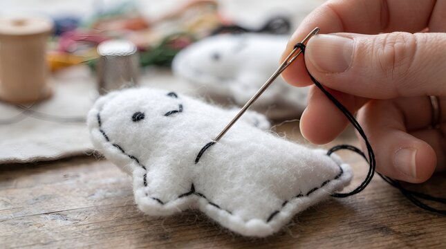 Close-up of hand stitching a handmade felt voodoo doll with needle and thread