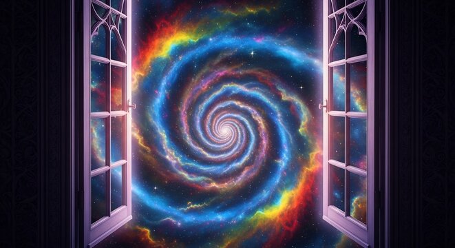 Open Window Reveals Swirling Cosmic Nebula and Galaxy Portal.