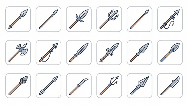 A grid of eighteen distinct cartoon-style ancient and medieval bladed weapons, featuring spears, tridents, and halberds.