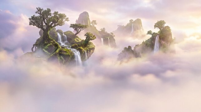 fantasy landscapes, surreal floating islands drift in a misty sky, creating a vibrant dreamscape