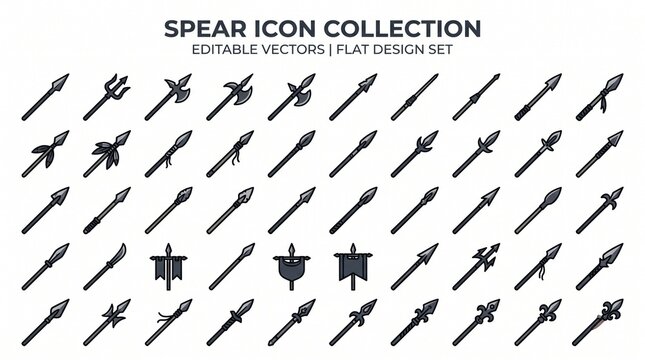 Editable vector set of numerous flat design spear icons, including diverse ancient and medieval weapon styles.