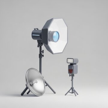 Lighting equipment set with octabox and flash strobe on tripod stands