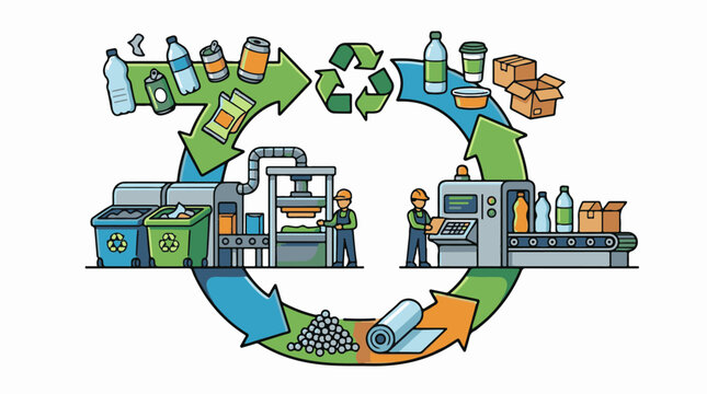 Circular illustration showing waste recycling and manufacturing process