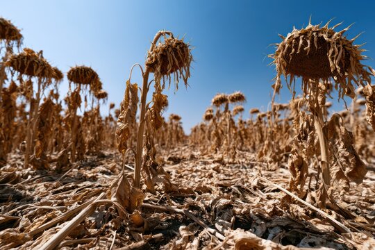 Withered sunflowers dying in parched soil during summer heat
