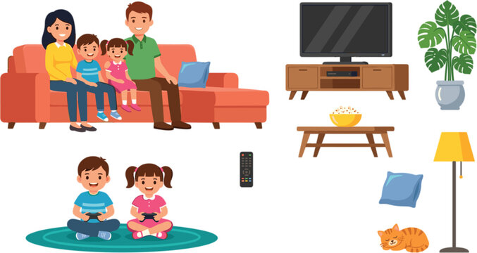 Family watching television and kids playing video games vector illustration set with living room furniture sofa tv stand and cat