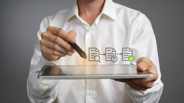 Digital document verification and approval process managed via tablet and stylus by professional