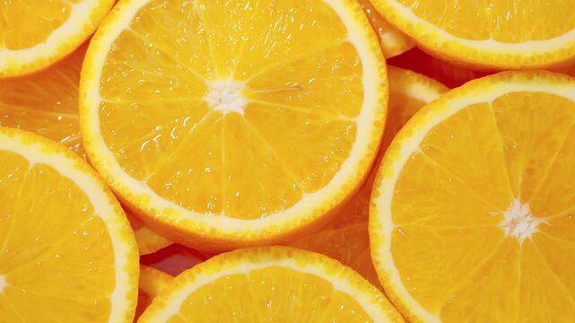 Marco shot an orange and turned it. Citrus. Close-up of citrus orange pulp. Orange slices. Fruit background. Smooth rotation in a circle