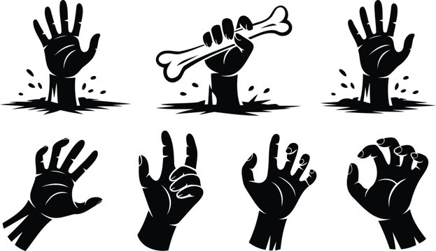Creepy zombie hands emerging from the ground, reaching and grabbing a bone for spooky themes