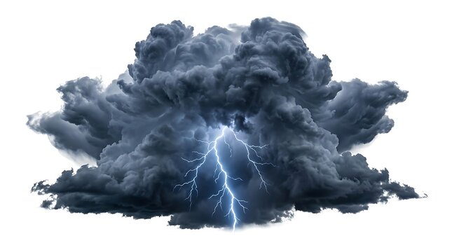 Dramatic dark thundercloud with bright lightning bolt isolated on white background.