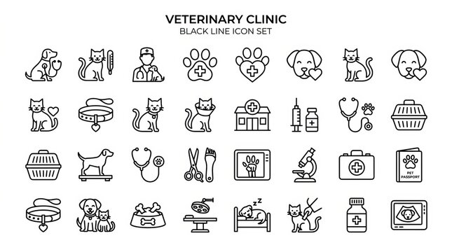 Collection of black and white veterinary clinic icons for pet care services.