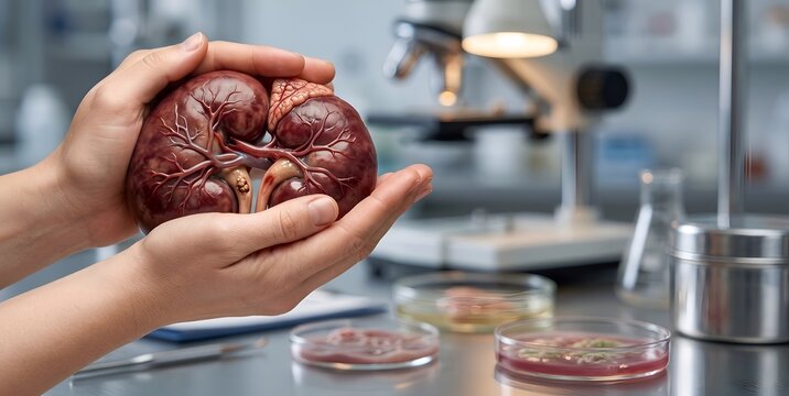 Realistic Human Kidney Anatomy Model Held in Hand for Medical Study