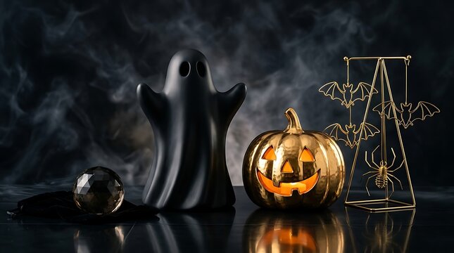 Halloween decorations with ghost, pumpkin, and bats
