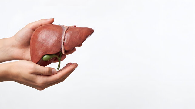 Realistic Human Liver Anatomy Model Held in Hand on White Background