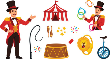 Circus ringmaster vector set with big top tent juggling performer lion hoop unicycle whip and carnival show elements © MST