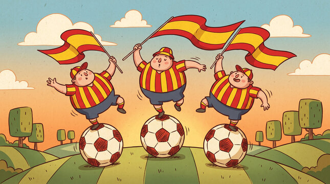 Playful Cartoon Spain Supporters Standing on Oversized Footballs During a Joyful National Flag Celebration