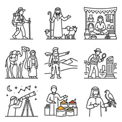 Middle Eastern Culture Icons: Nomad, Camel, Explorer, Falconry, Astronomy, Market © Heru