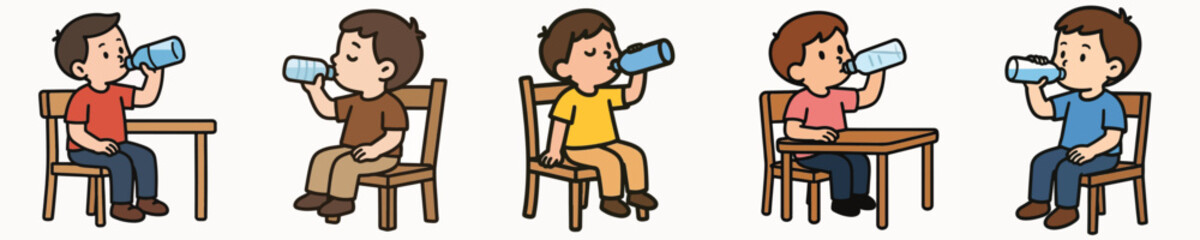 Fototapeta premium Set of vector illustrations of a small child drinking from a bottle.