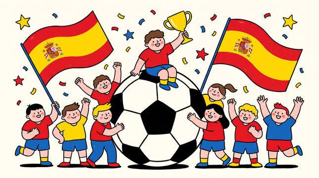 Playful Spain Supporters Striking Victory Poses Around an Oversized Football With Waving National Flags and Celebration Cup