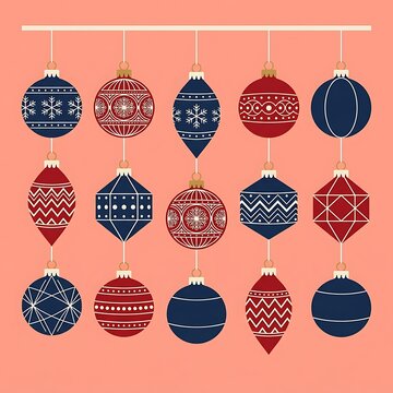 Set of decorative christmas ornaments in red and blue colors hanging on a string