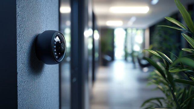Modern security camera on gray wall