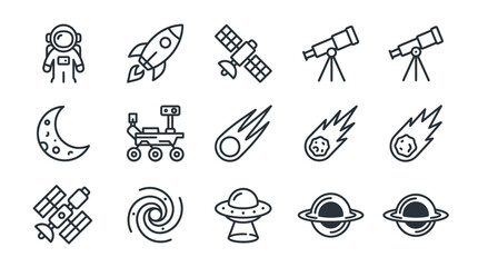 Space Icons: Astronaut, Rocket, Moon, Satellite, UFO, Galaxy, Planets, Telescope, Comet, Rover © Jembot