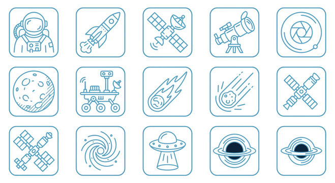 Space exploration icons: astronaut, rocket, satellite, telescope, Mars rover, UFO, black hole