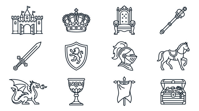 Medieval Fantasy Icons: Castle, Crown, Throne, Sword, Dragon, Treasure Chest
