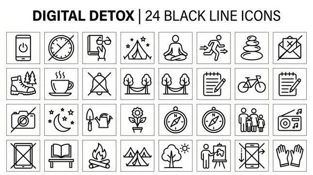 Collection of Twenty Four Minimalist Black Line Icons for Digital Detox Concepts.