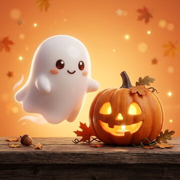 Cute cartoon ghost and jackolantern for halloween