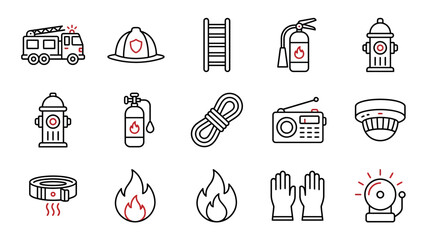 Firefighting Equipment Icons Set: Truck, Helmet, Ladder, Extinguisher, Hydrant, Rope, Radio © Jiny