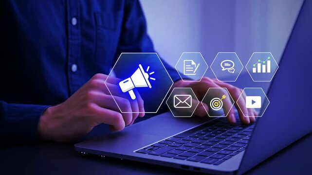 Public relations (PR) concept. Media relations, marketing and publicity. Person using laptop with PR icons on virtual screen.