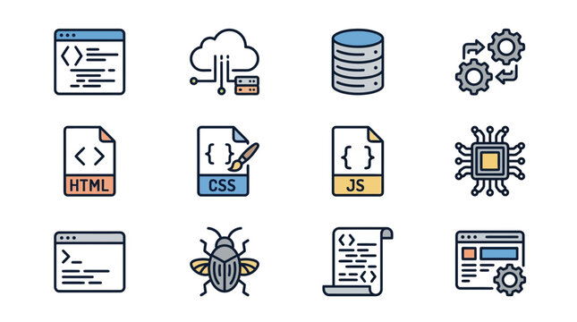 Coding Icons: Cloud, Database, HTML, CSS, JS, Bug, CPU, Settings
