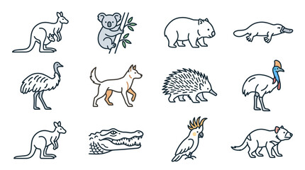 Australian Wildlife Icons: Kangaroo, Koala, Platypus, Emu, Wombat, Cassowary, Cockatoo, Dingo, Crocodile © Jembot