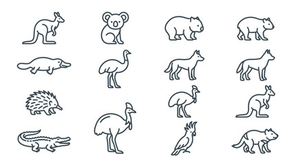 Australian Animals Icons Set: Kangaroo, Koala, Wombat, Dingo, Emu, Platypus, Cockatoo, Echidna © Jembot