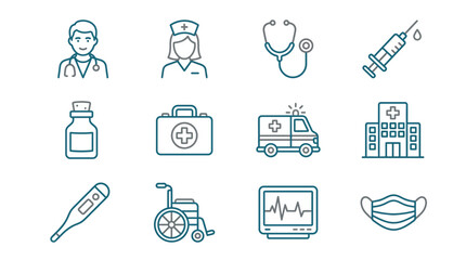 Medical Icons Set: Doctor, Nurse, Stethoscope, Syringe, Hospital, Ambulance, Mask © Jiny