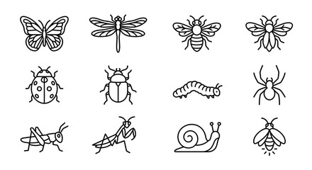 Set of Hand-Drawn Insect Icons: Butterfly, Dragonfly, Bee, Ladybug, Snail, Spider © Jembot