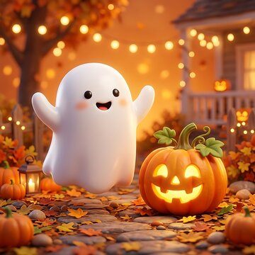 Cute cartoon ghost floating next to a glowing jackolantern