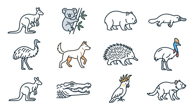 Australian Wildlife Icons: Kangaroo, Koala, Platypus, Emu, Wombat, Cassowary, Cockatoo, Dingo, Crocodile